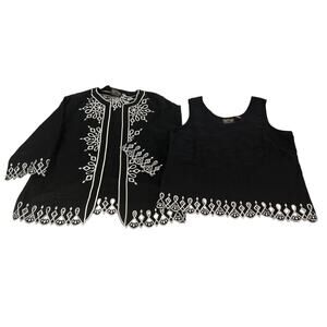 Bob Mackie Sz L Black Embroidered Cut-Away 3/4 Linen Jacket Twinset Top Lux